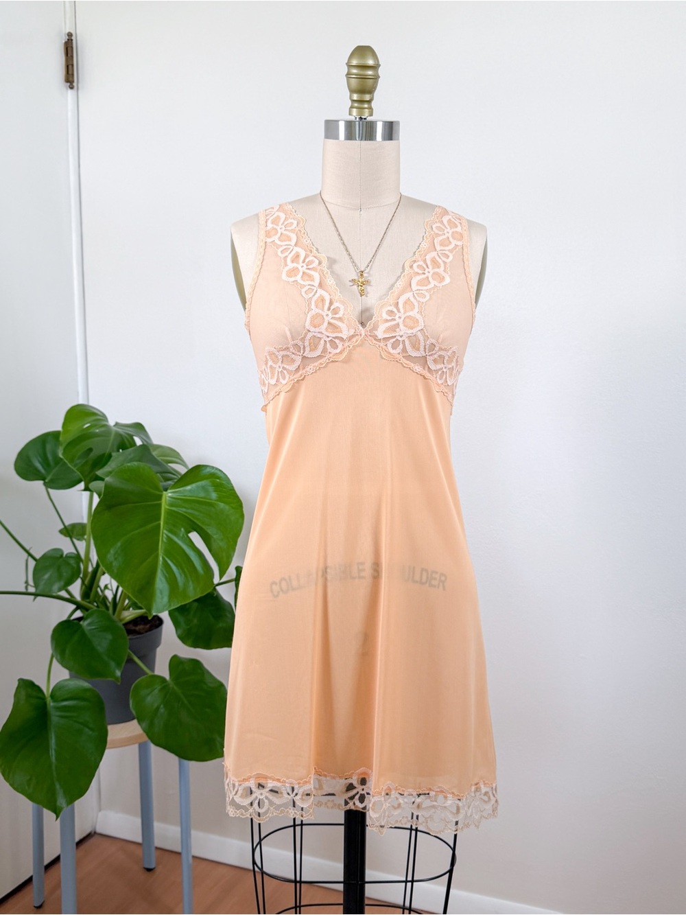 Vintage 60s 70s Jitex Slip Dress | Peach Nylon, Floral Lace | Size  S M